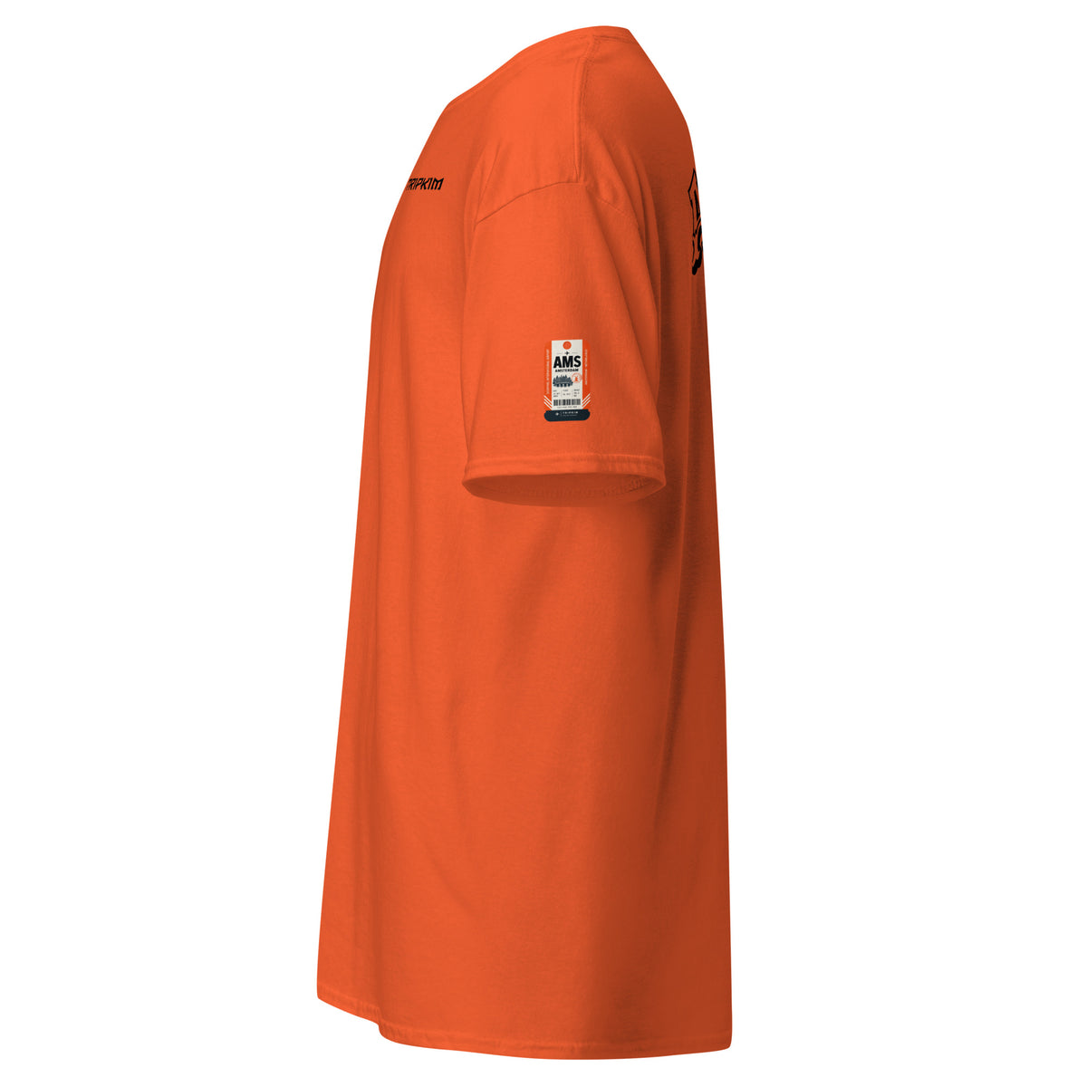 T-shirt Amsterdam AMS orange, profil avec étiquette sur la manche - TRIPKIM
