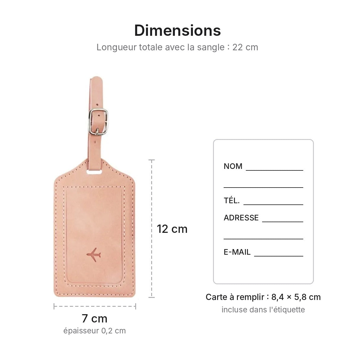 Dimensions de l'étiquette bagage TRIPKIM : 12 × 7 cm, carte à remplir 8,4 × 5,8 cm