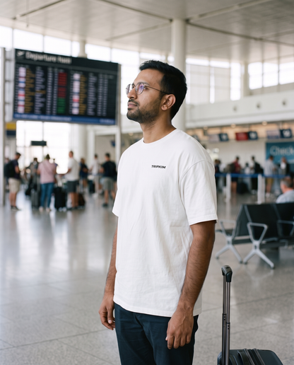 T-shirt Departures TRIPKIM blanc porté de profil à l'aéroport