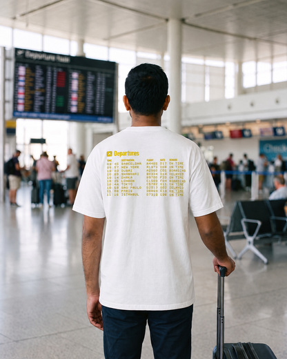 T-shirt Departures TRIPKIM blanc porté de dos, tableau des départs imprimé