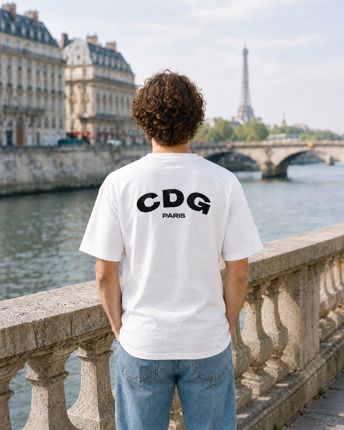 T-shirt Paris CDG blanc porté de dos, imprimé CDG Paris, tour Eiffel au loin - TRIPKIM