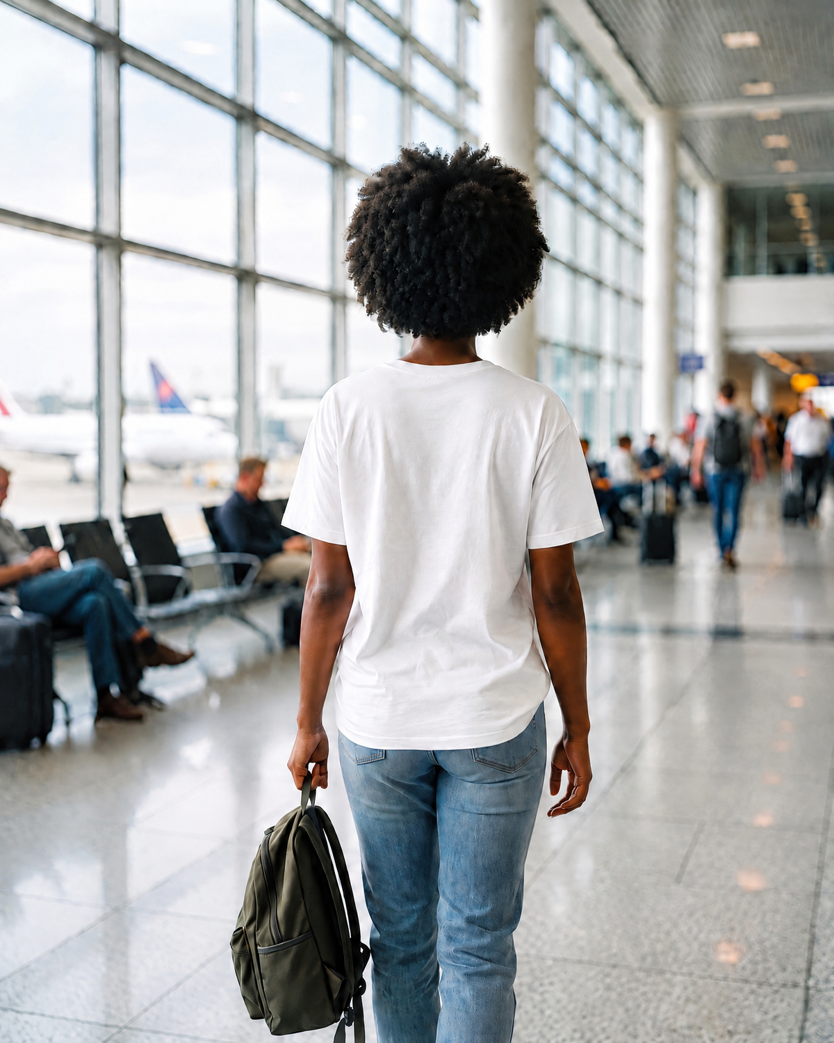 T-shirt Classique TRIPKIM blanc porté de dos dans un aéroport