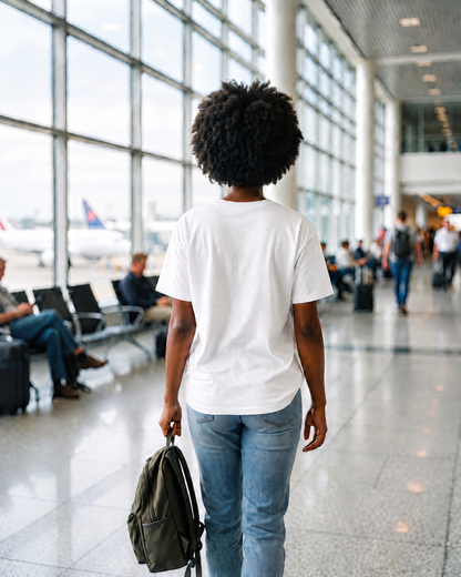T-shirt Classique TRIPKIM blanc porté de dos dans un aéroport