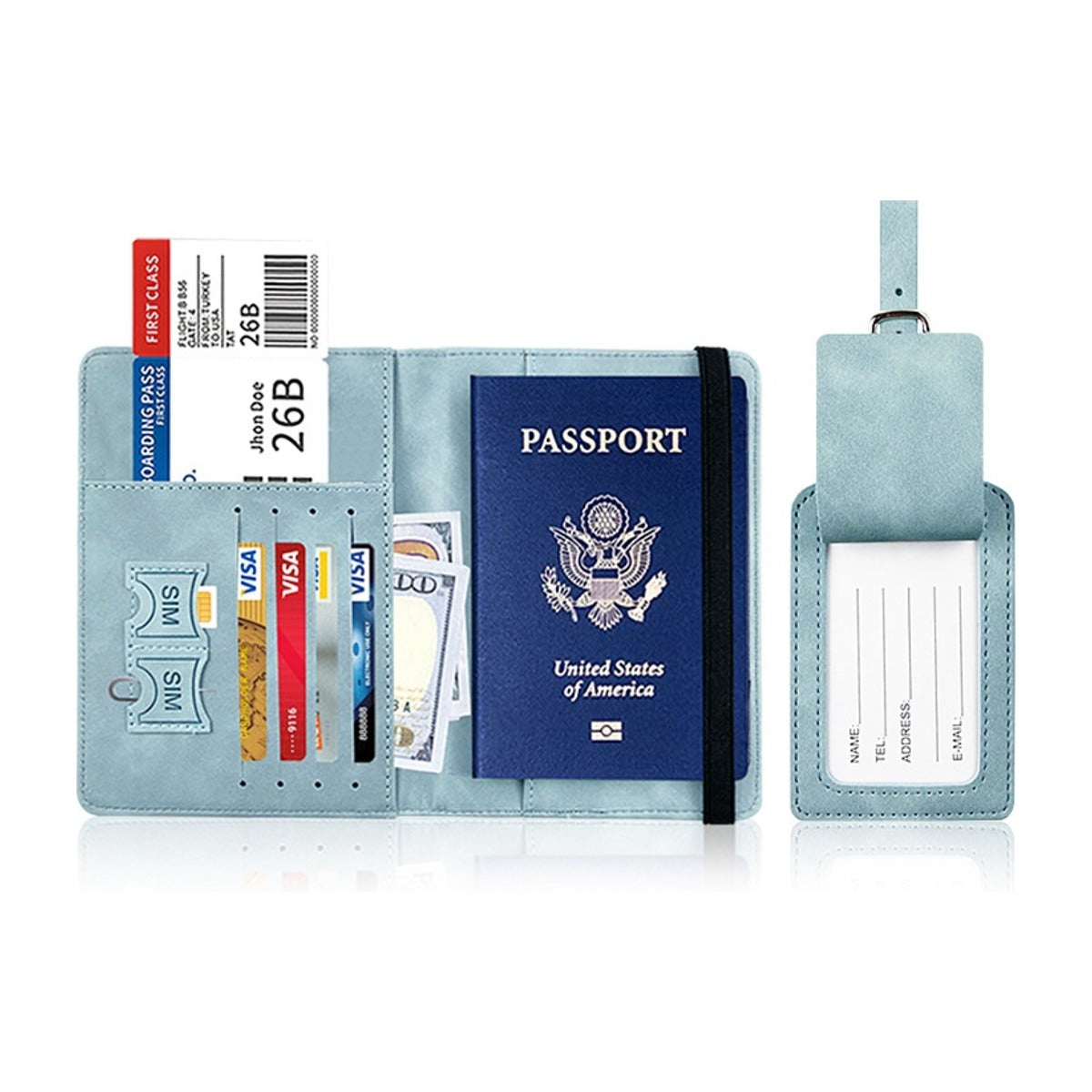 Intérieur du porte-passeport TRIPKIM : emplacements passeport, cartes bancaires, SIM et carte d'embarquement