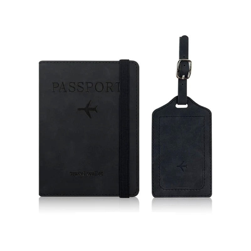 Set de voyage noir : porte-passeport et étiquette bagage
