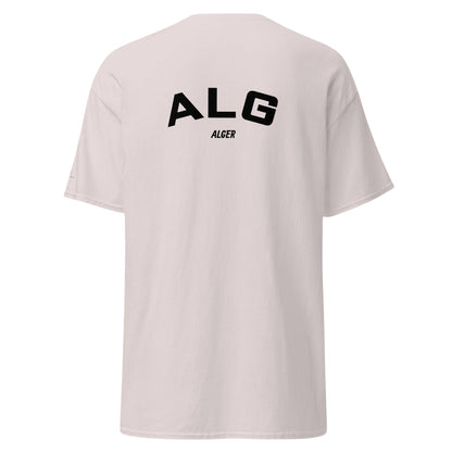 T-shirt TRIPKIM beige à coupe décontractée avec inscription noire ALG ALGER au dos, style streetwear épuré.