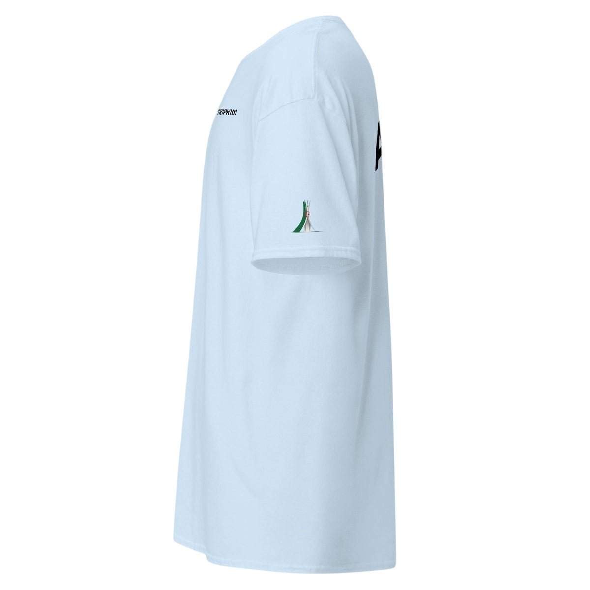 T-shirt bleu clair TRIPKIM Alger avec logo sur la manche et inscription latérale, vue de profil