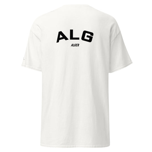 T-shirt blanc TRIPKIM avec inscription noire ALG ALGER au dos, style streetwear épuré