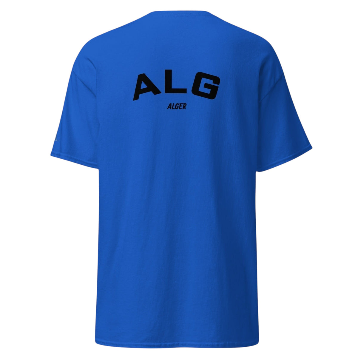 T-shirt bleu TRIPKIM avec inscription noire ALG Alger au dos, style streetwear décontracté
