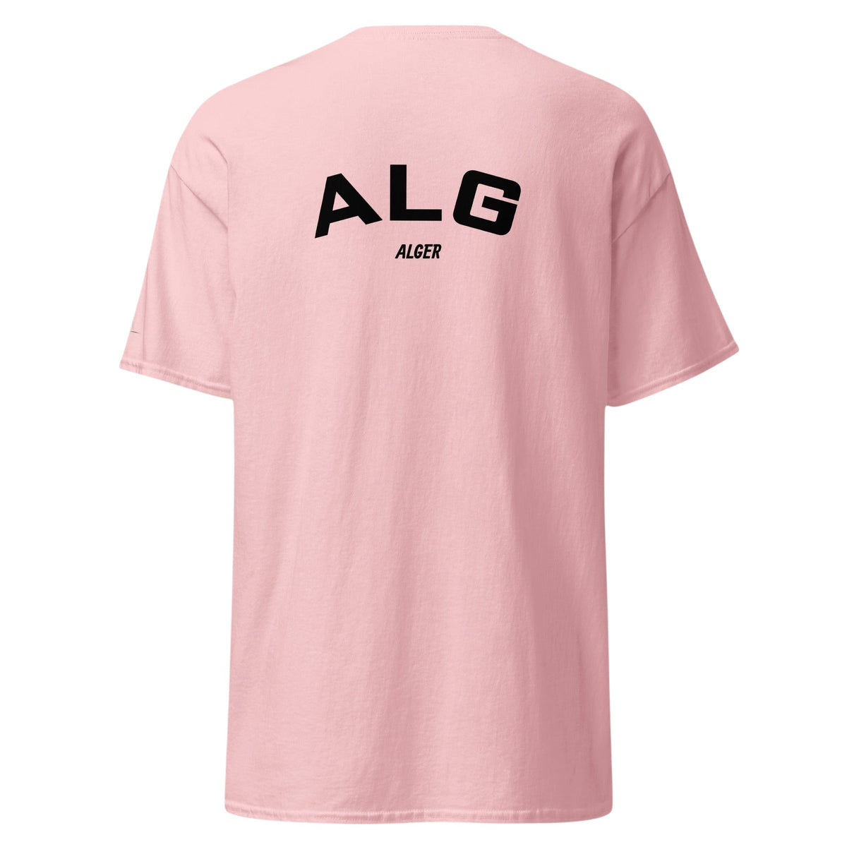 T-shirt rose TRIPKIM avec inscription noire ALG ALGER au dos, style streetwear épuré en coton.