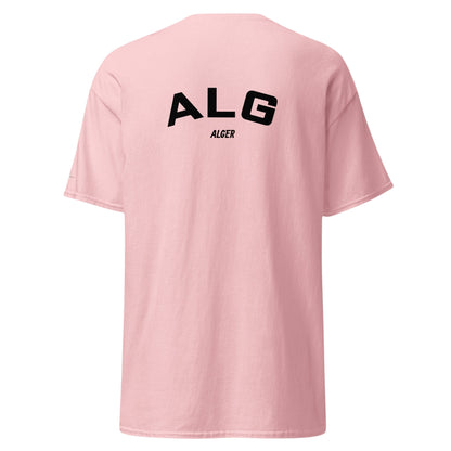 T-shirt rose TRIPKIM avec inscription noire ALG ALGER au dos, style streetwear épuré en coton.