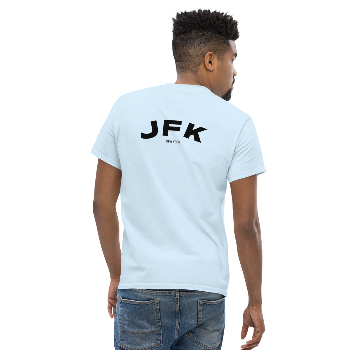 T-shirt New York JFK bleu clair, vue de dos autre angle - TRIPKIM