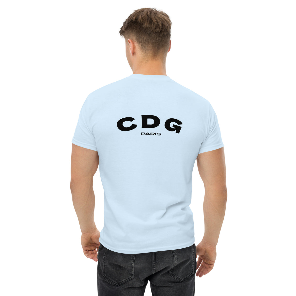 T-shirt Paris CDG bleu clair, vue de dos autre angle - TRIPKIM