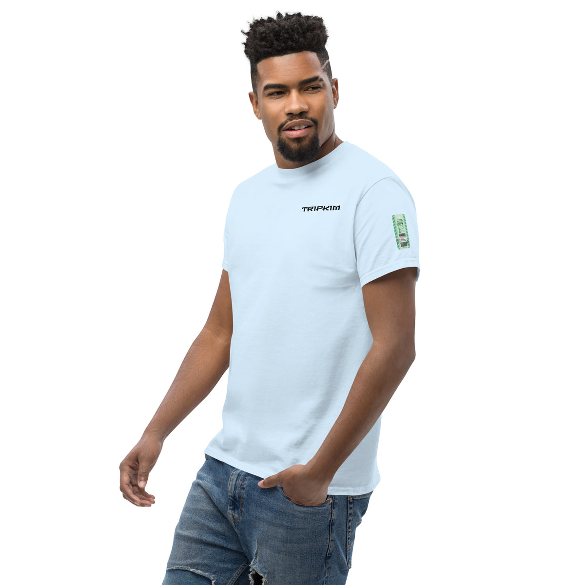T-shirt New York JFK bleu clair, vue trois-quarts face - TRIPKIM