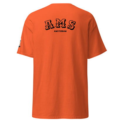 T-shirt Amsterdam AMS orange, vue de dos, code aéroport AMS - TRIPKIM