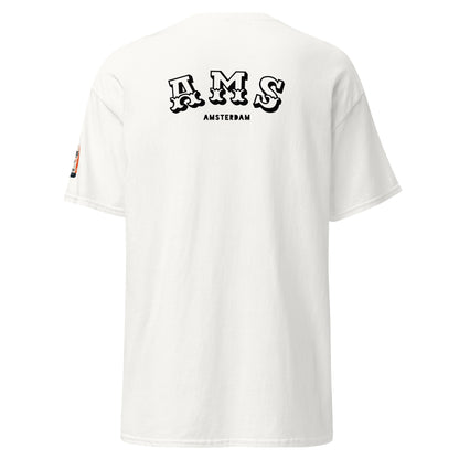 T-shirt Amsterdam AMS blanc, vue de dos, code aéroport AMS - TRIPKIM