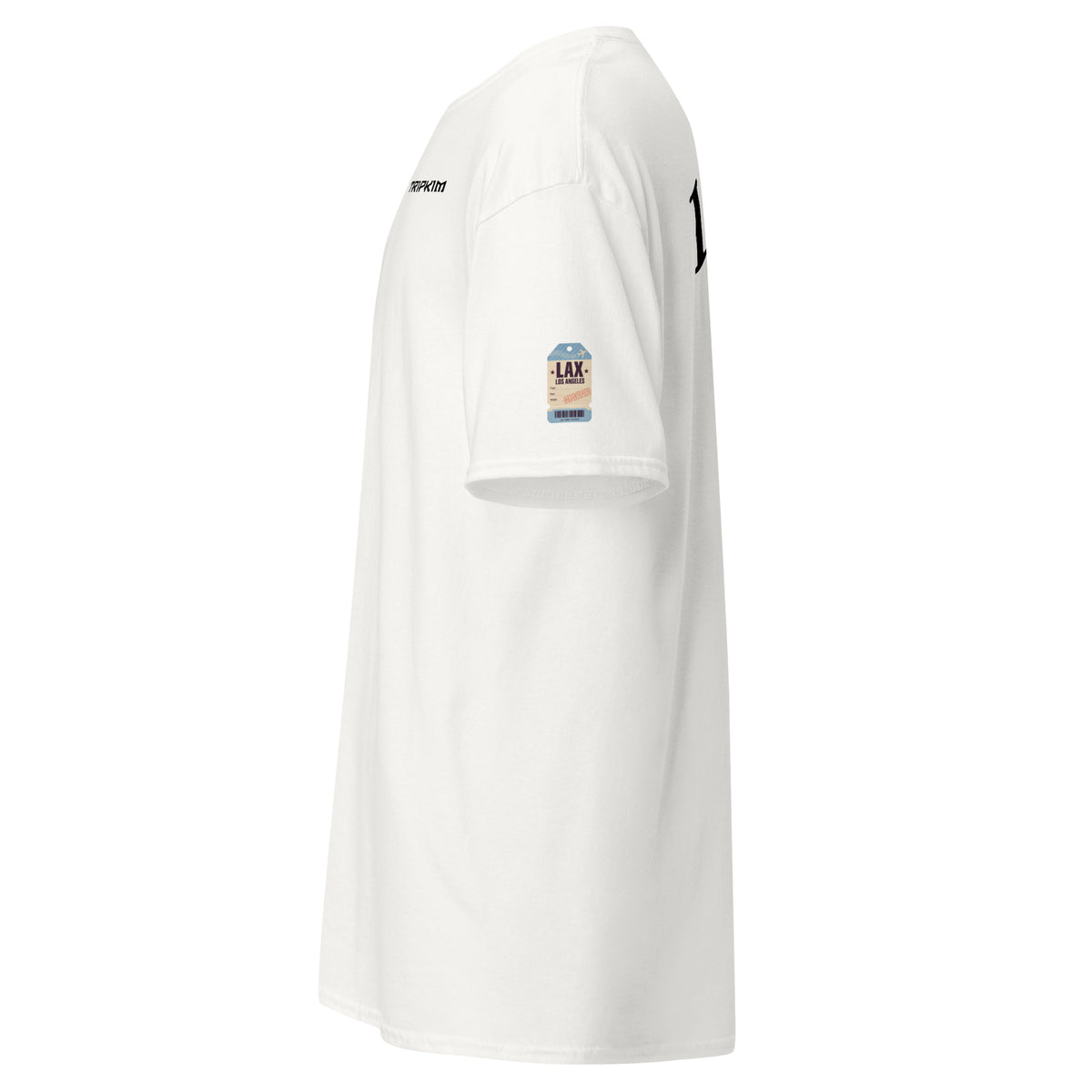 T-shirt Los Angeles LAX blanc, profil avec étiquette sur la manche - TRIPKIM