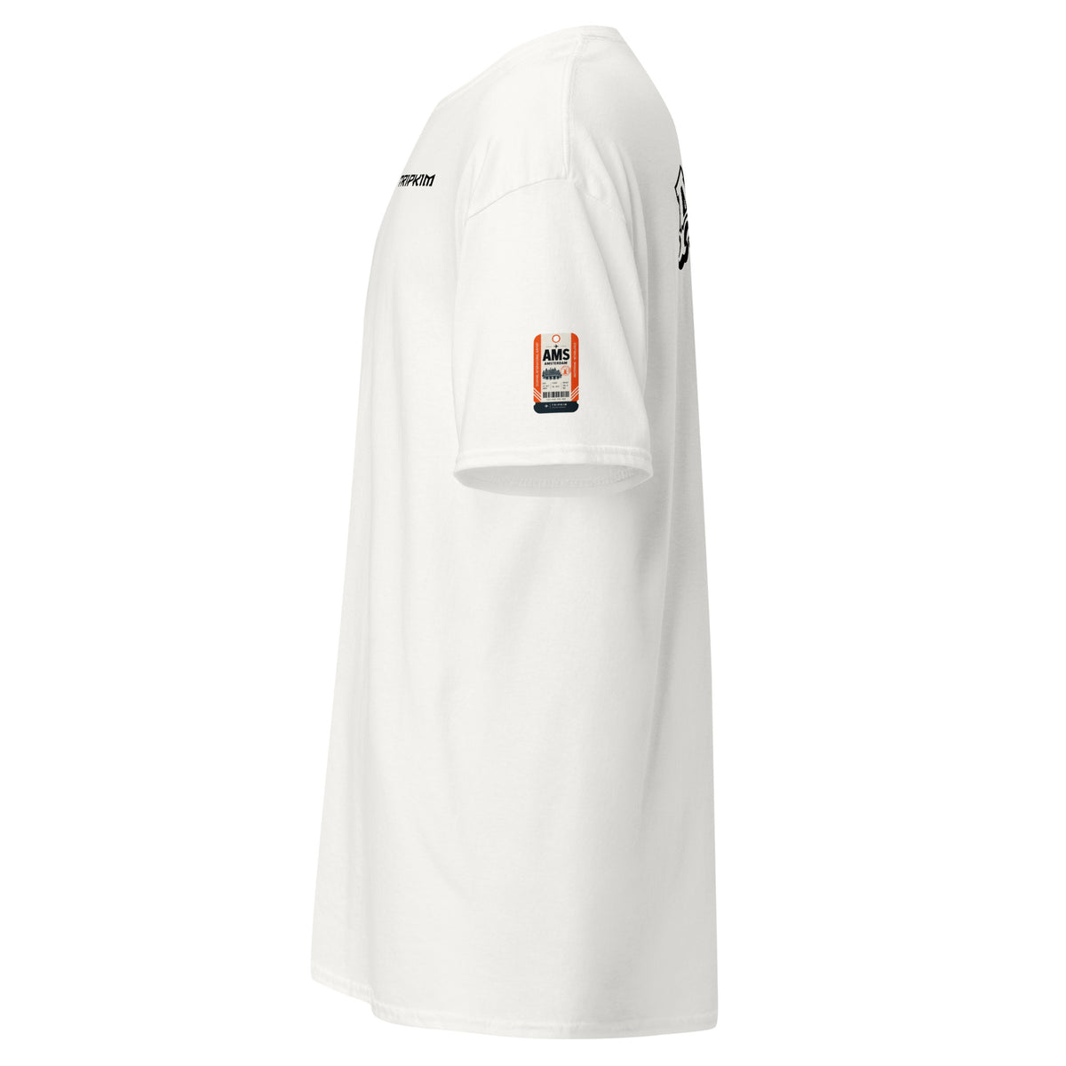 T-shirt Amsterdam AMS blanc, profil avec étiquette sur la manche - TRIPKIM
